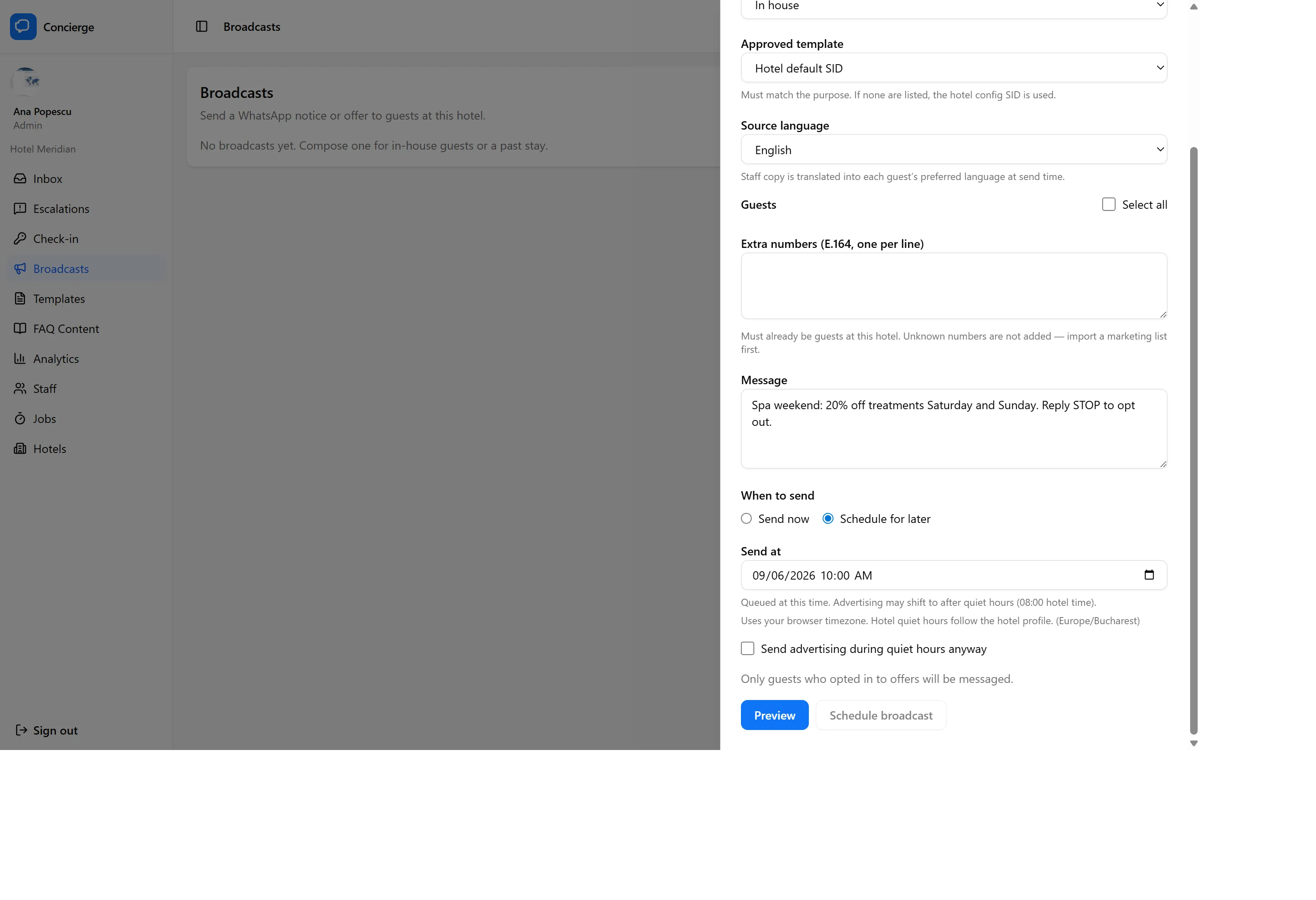 Concierge-Broadcast-Ansicht mit einem geplanten Marketing-Broadcast, Einwilligungszahl und Ruhezeiten