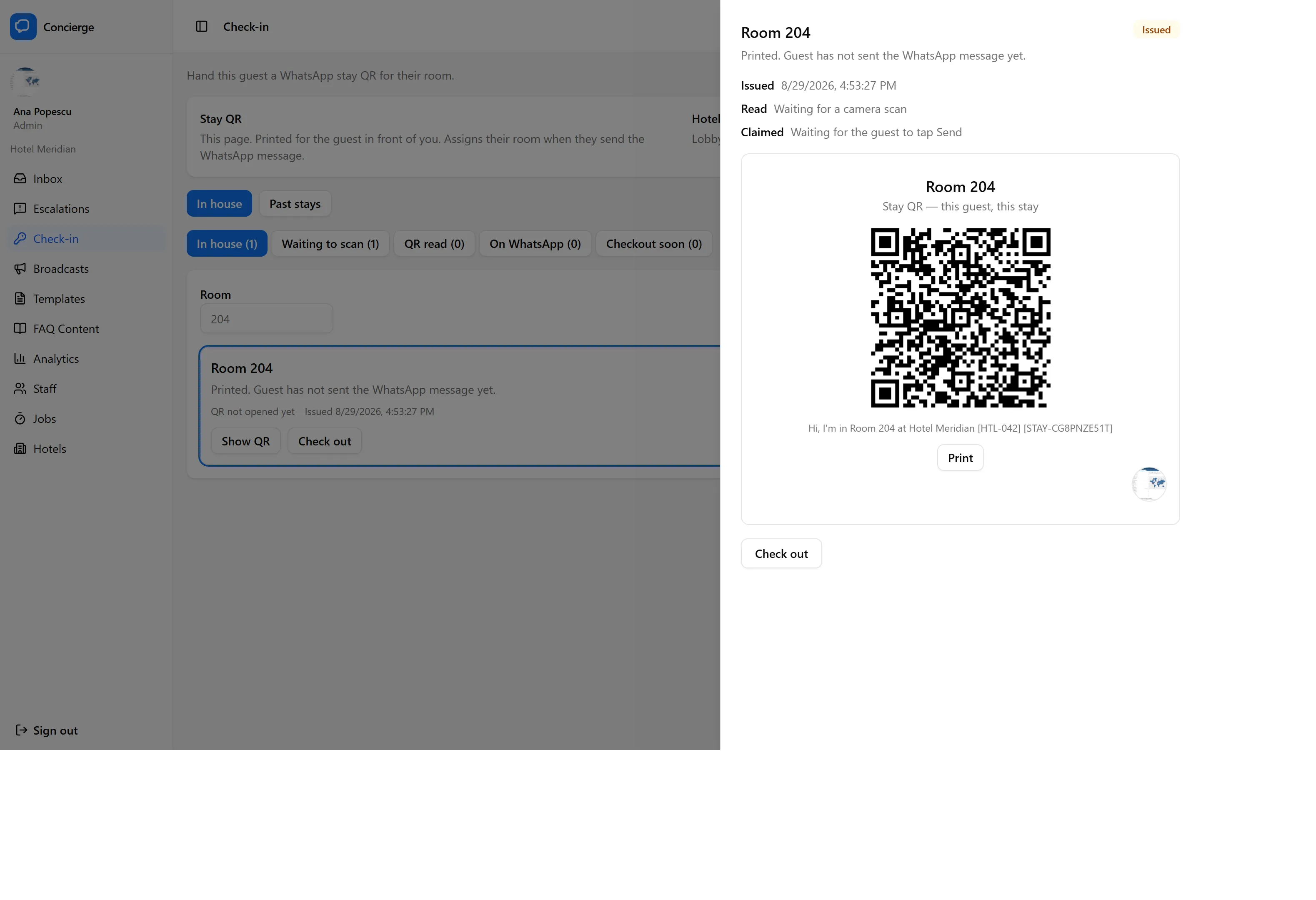 Concierge-Check-in-Ansicht mit einem Aufenthalts-QR-Code und seinem Ablaufdatum