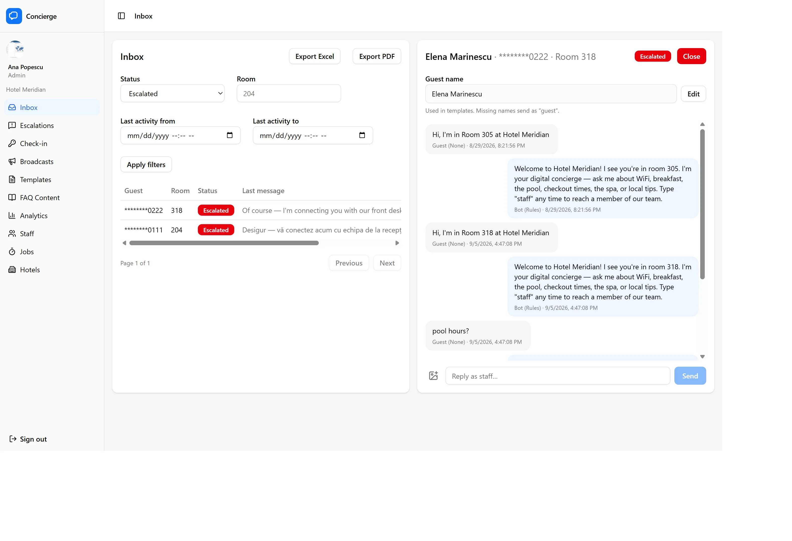 Concierge-Posteingang mit der Eskalationswarteschlange und zwei wartenden Unterhaltungen